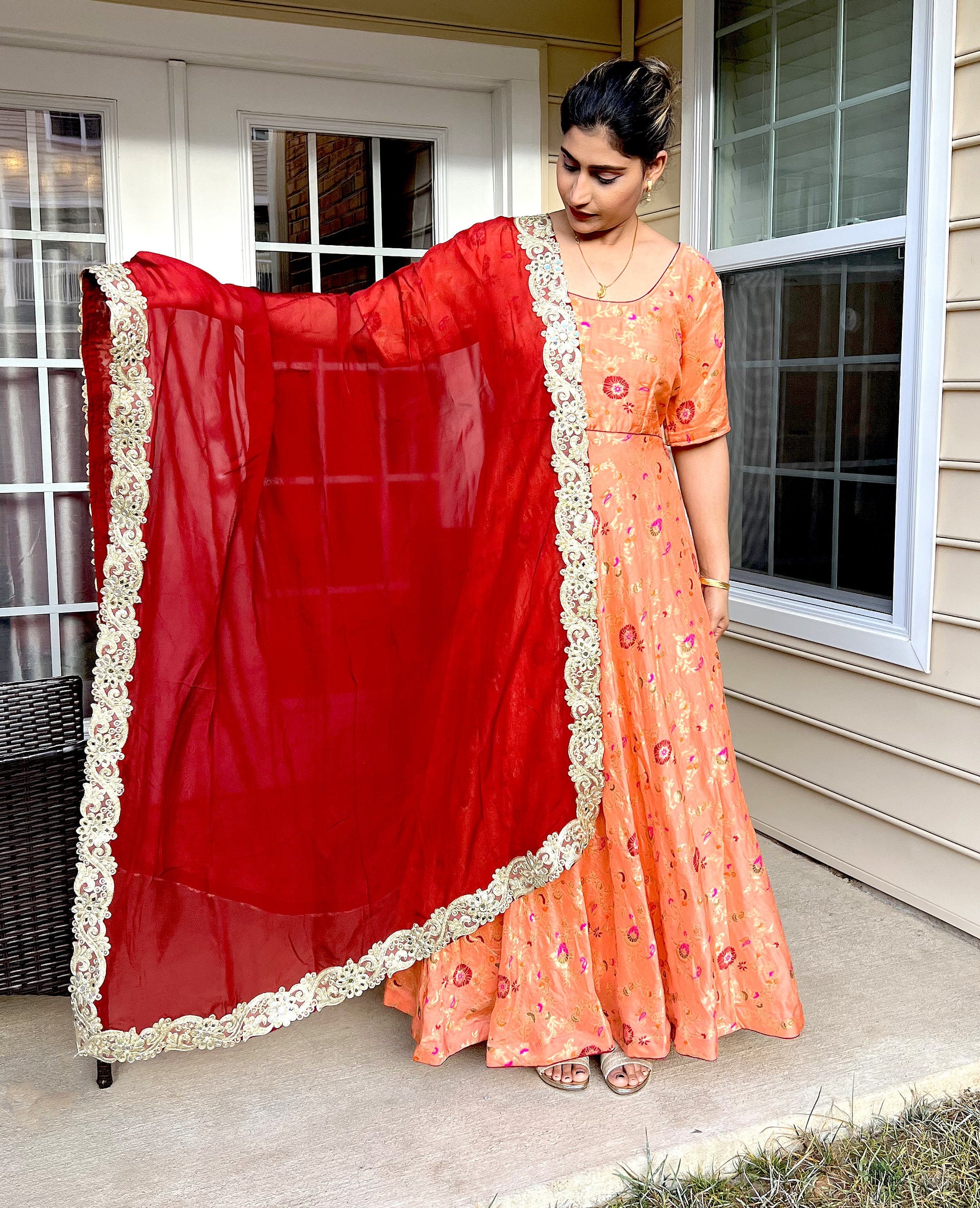 Long Peach Dress Silk Dress, Partywear Floor Length Dress with red flo –  CNP Associates LLC
