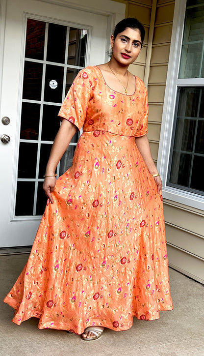 Long Peach Dress Silk Dress, Partywear Floor Length Dress with red floral design