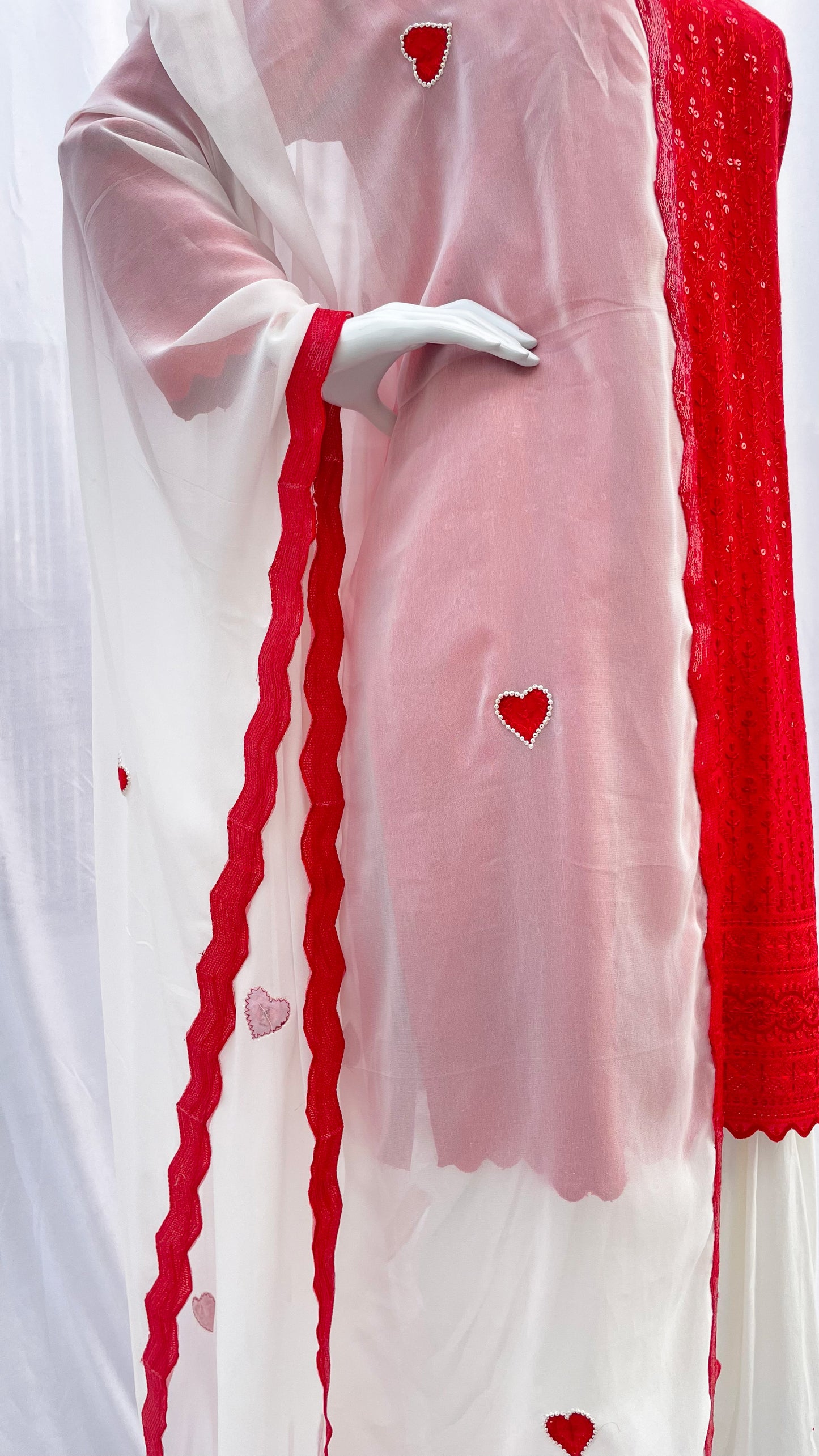 Red and White Patiala Salwar Suit, Georgette with Sequins Work