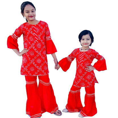 Red Rayon Bandhani Printed Top and Sharara set