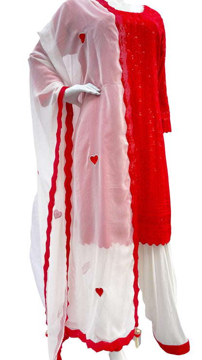 Red and White Patiala Salwar Suit, Georgette with Sequins Work