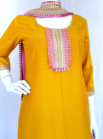 Onion Pink - Mustard  Pant suit with Kurta Top and Dupatta with border