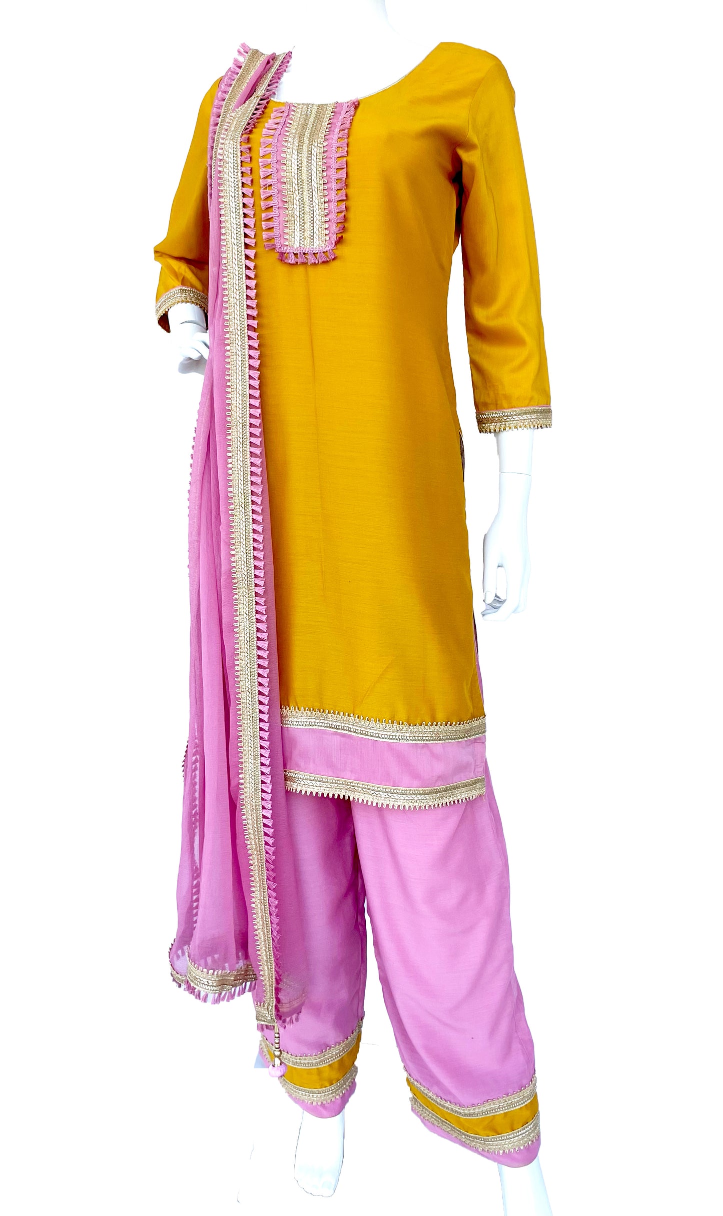 Onion Pink - Mustard  Pant suit with Kurta Top and Dupatta with border