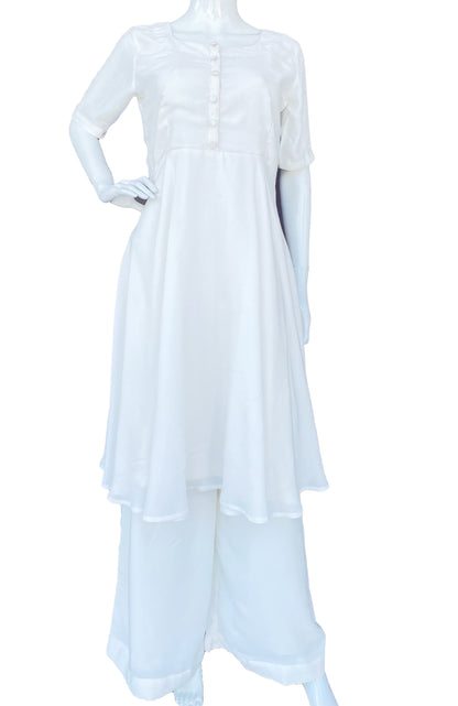 White Pure Muslin Flared kurta Palazzo With Dupatta
