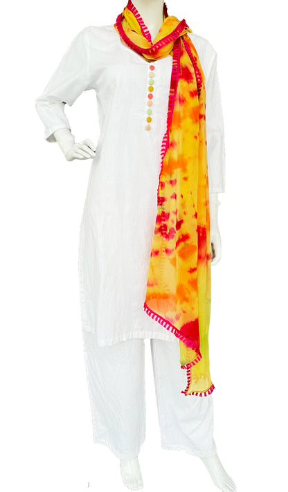 White Pure Muslin kurta Palazzo With Yellow Red Tie DyeDupatta