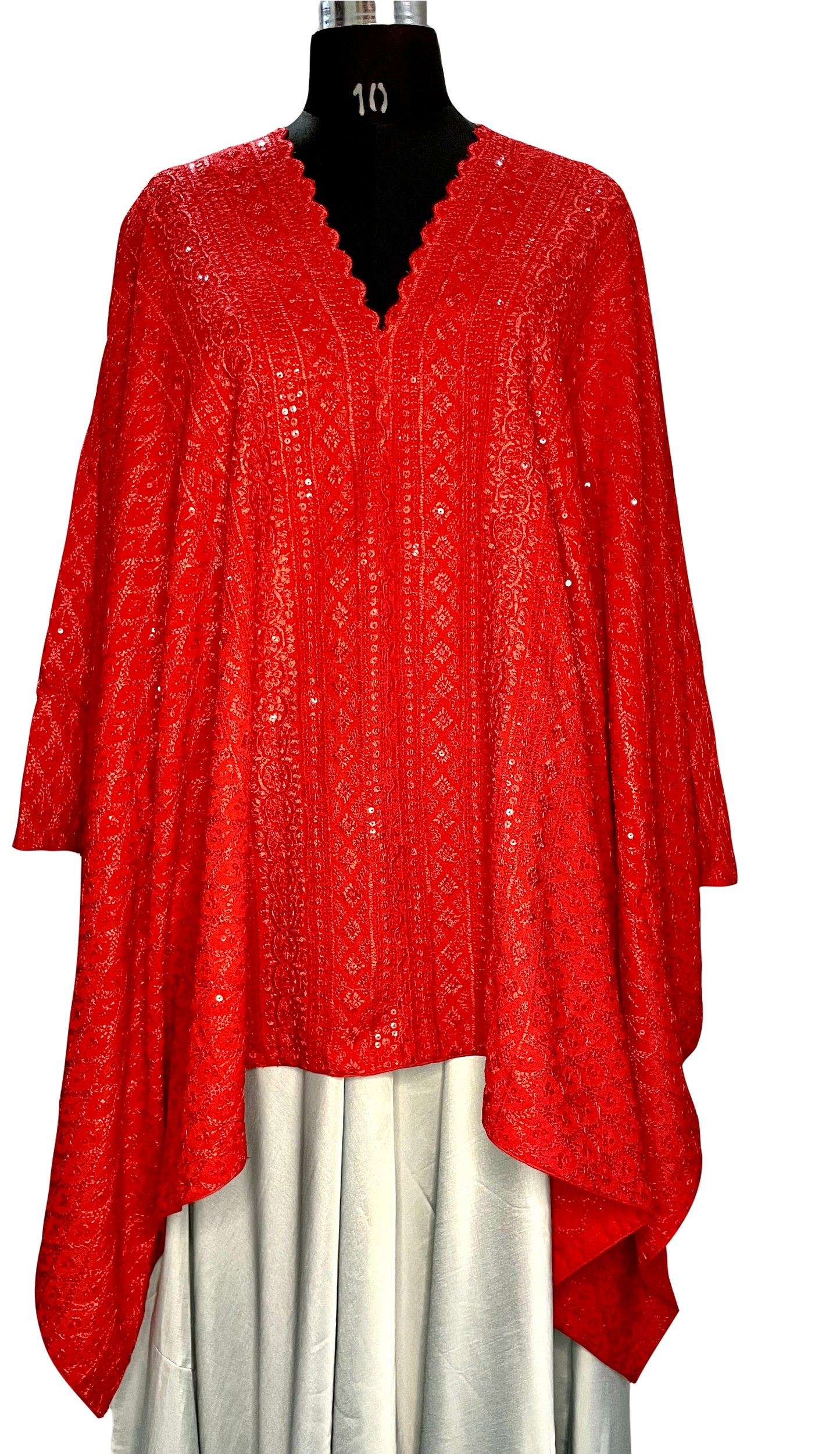 Bright Red Boho Women Versatile Poncho with sequins work