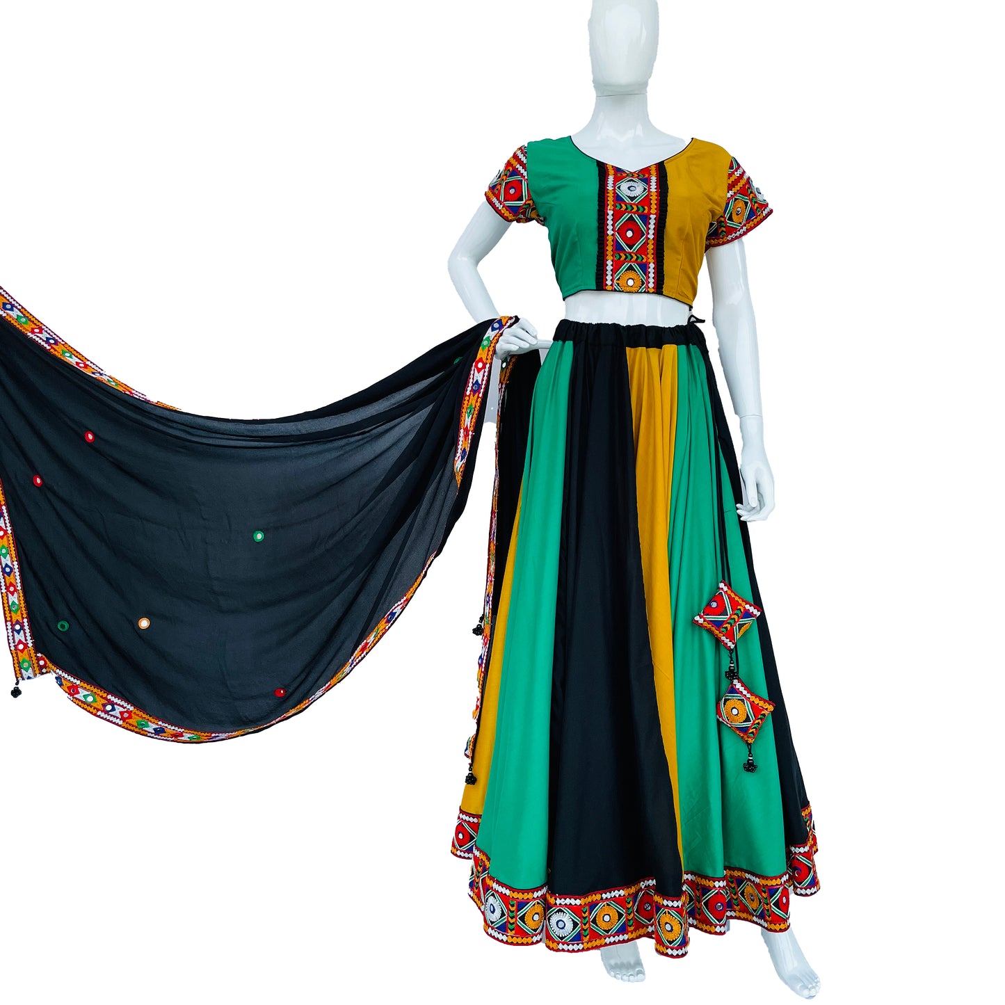 Green Black Yellow Gujrati Chaniya Choli Mirror work Dupatta