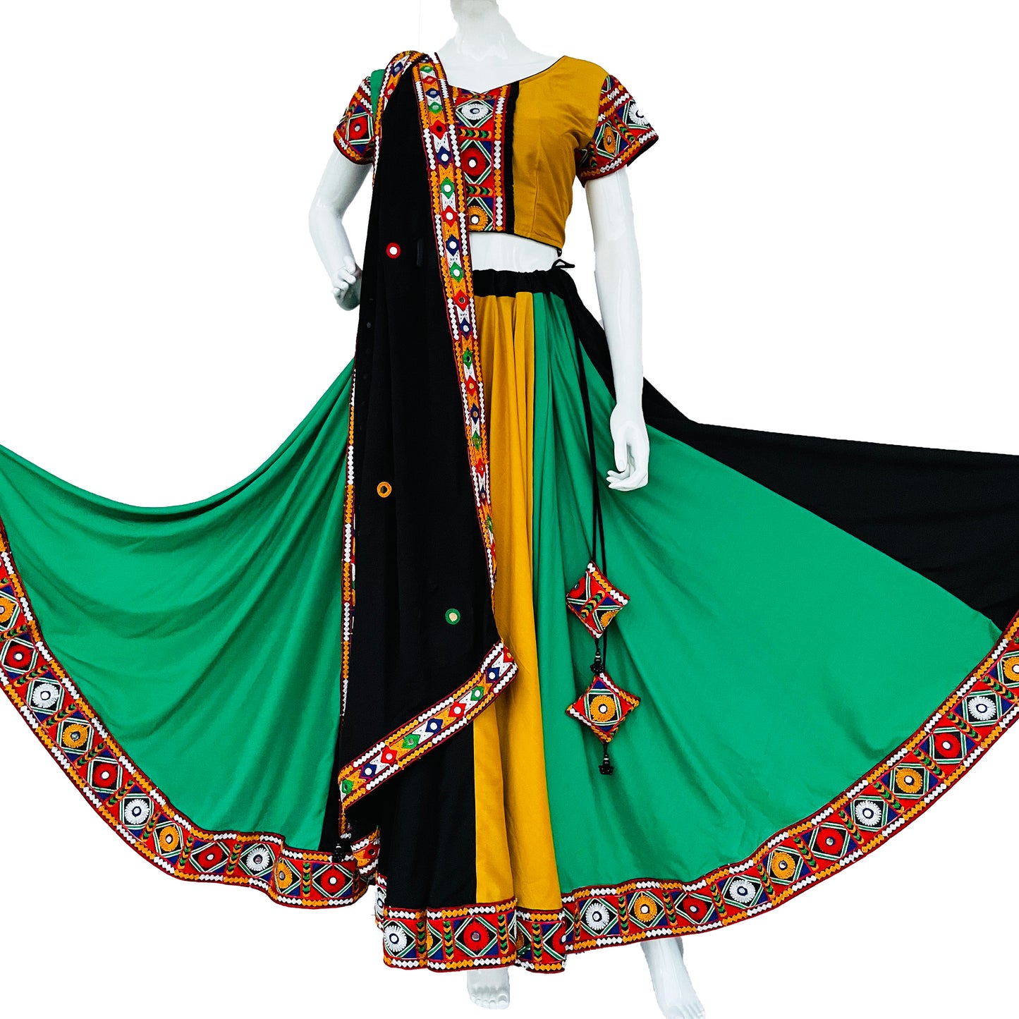 Green Black Yellow Gujrati Chaniya Choli Mirror work Dupatta