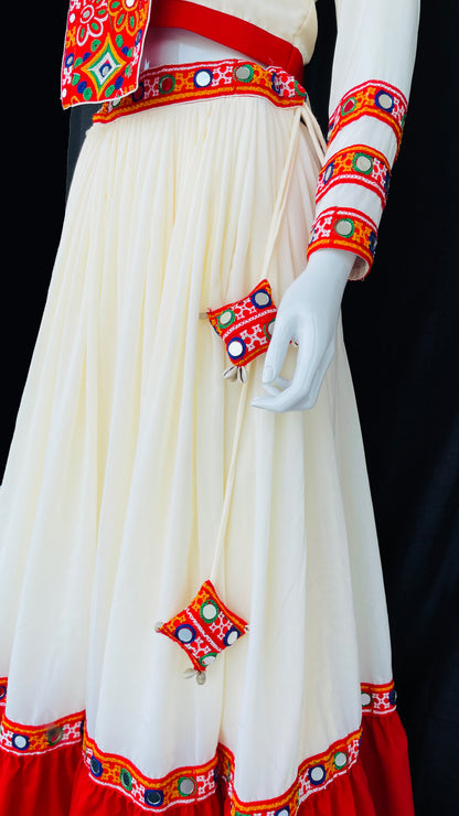 Cream and Red Gujrati Chaniya Choli Mirror work Dupatta