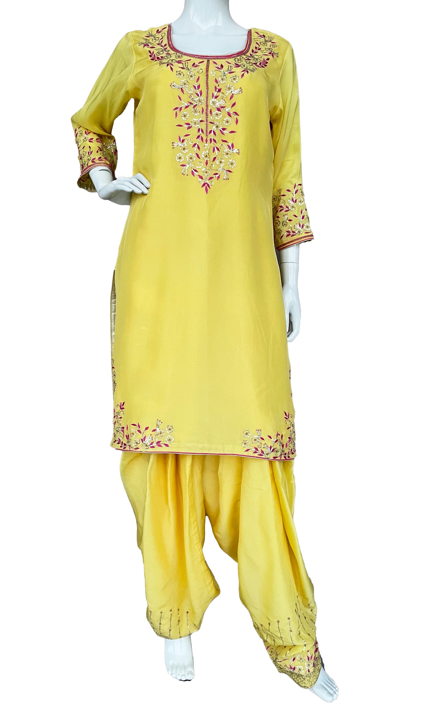 Lime Yellow Pink Hand embroidered Punjabi Patiala Salwar Suit, Pure Upada Silk Punjabi Suit