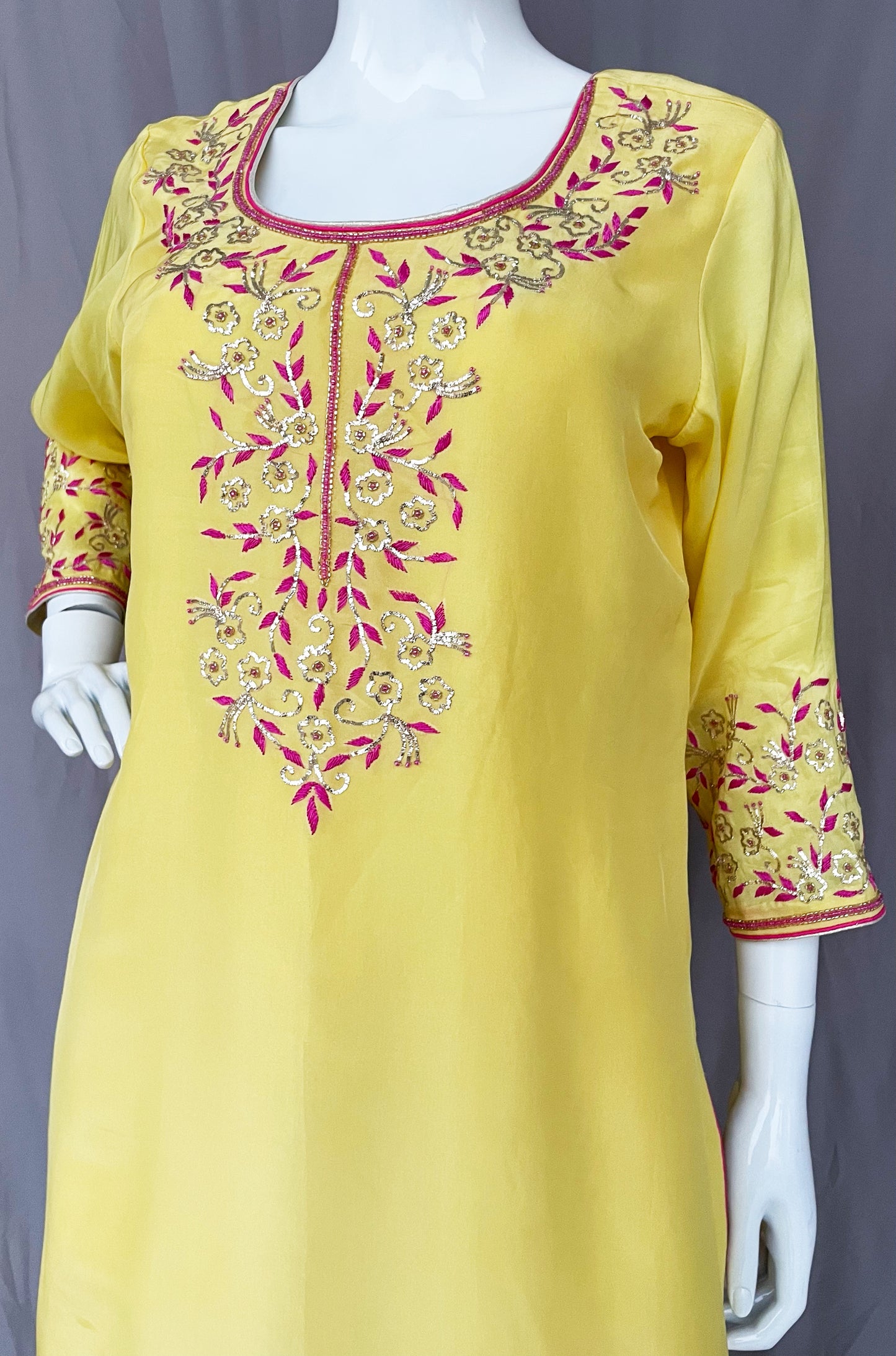 Lime Yellow Pink Hand embroidered Punjabi Patiala Salwar Suit, Pure Upada Silk Punjabi Suit