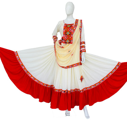 Cream and Red Gujrati Chaniya Choli Mirror work Dupatta