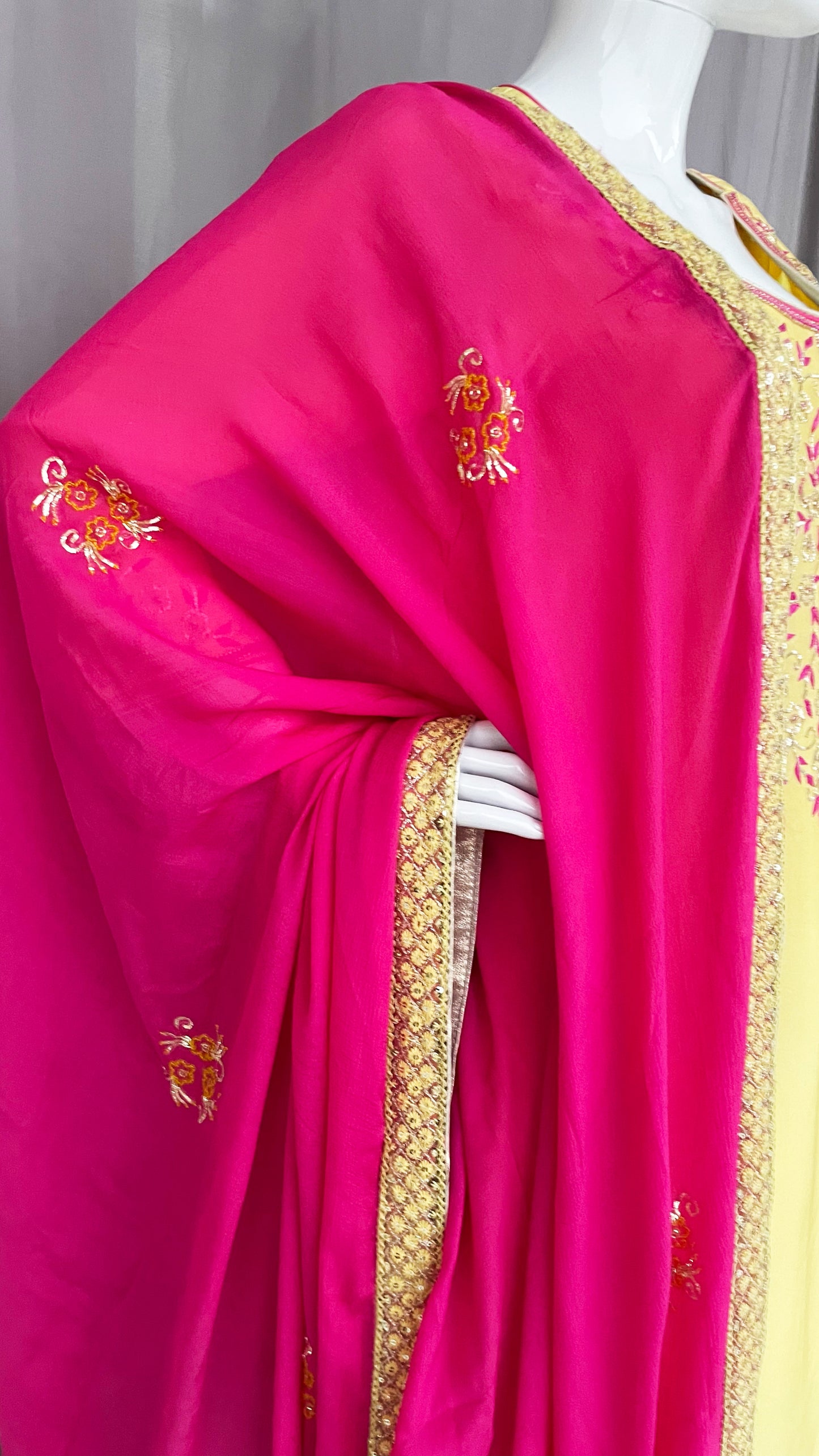 Lime Yellow Pink Hand embroidered Punjabi Patiala Salwar Suit, Pure Upada Silk Punjabi Suit