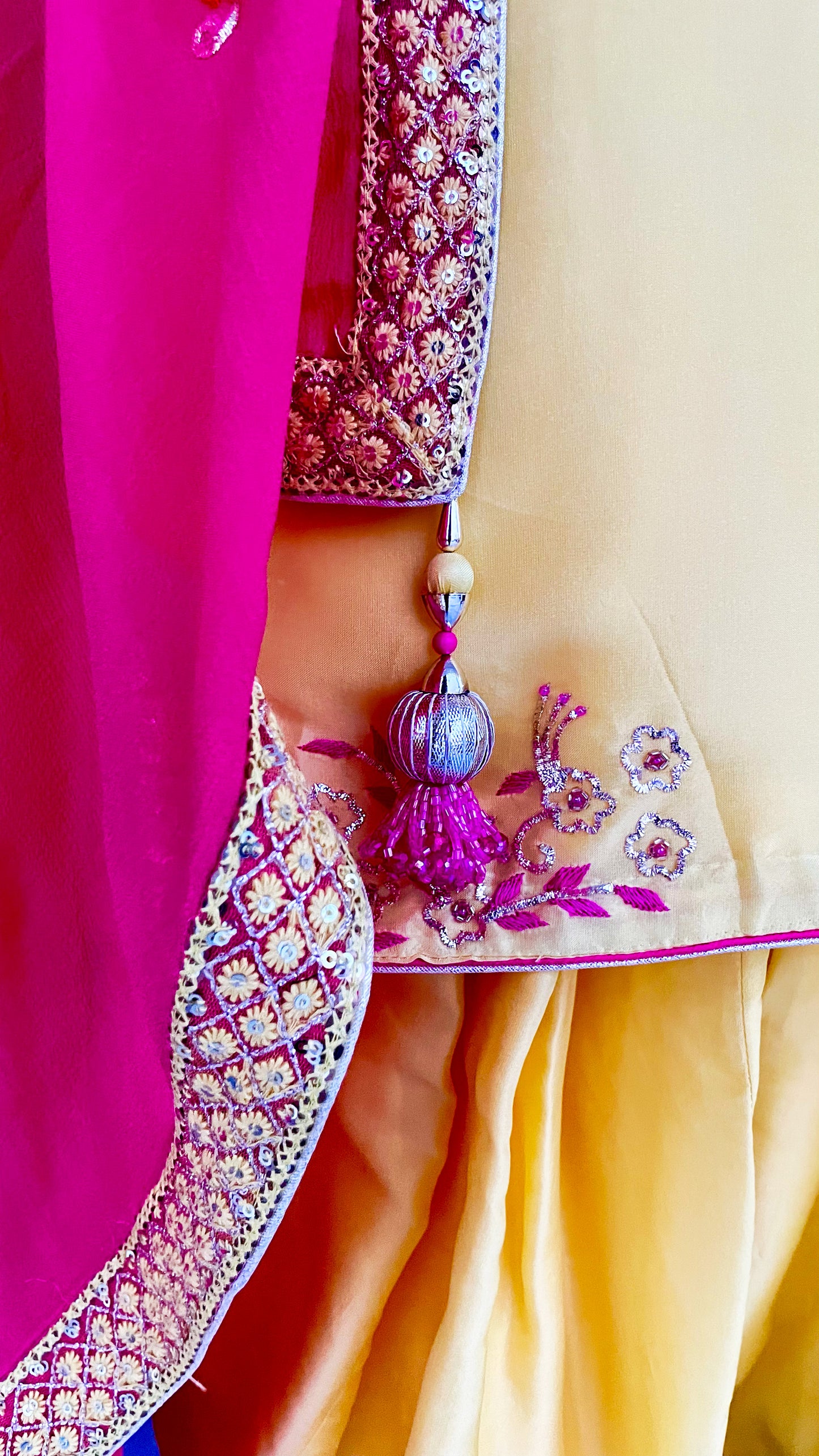 Lime Yellow Pink Hand embroidered Punjabi Patiala Salwar Suit, Pure Upada Silk Punjabi Suit
