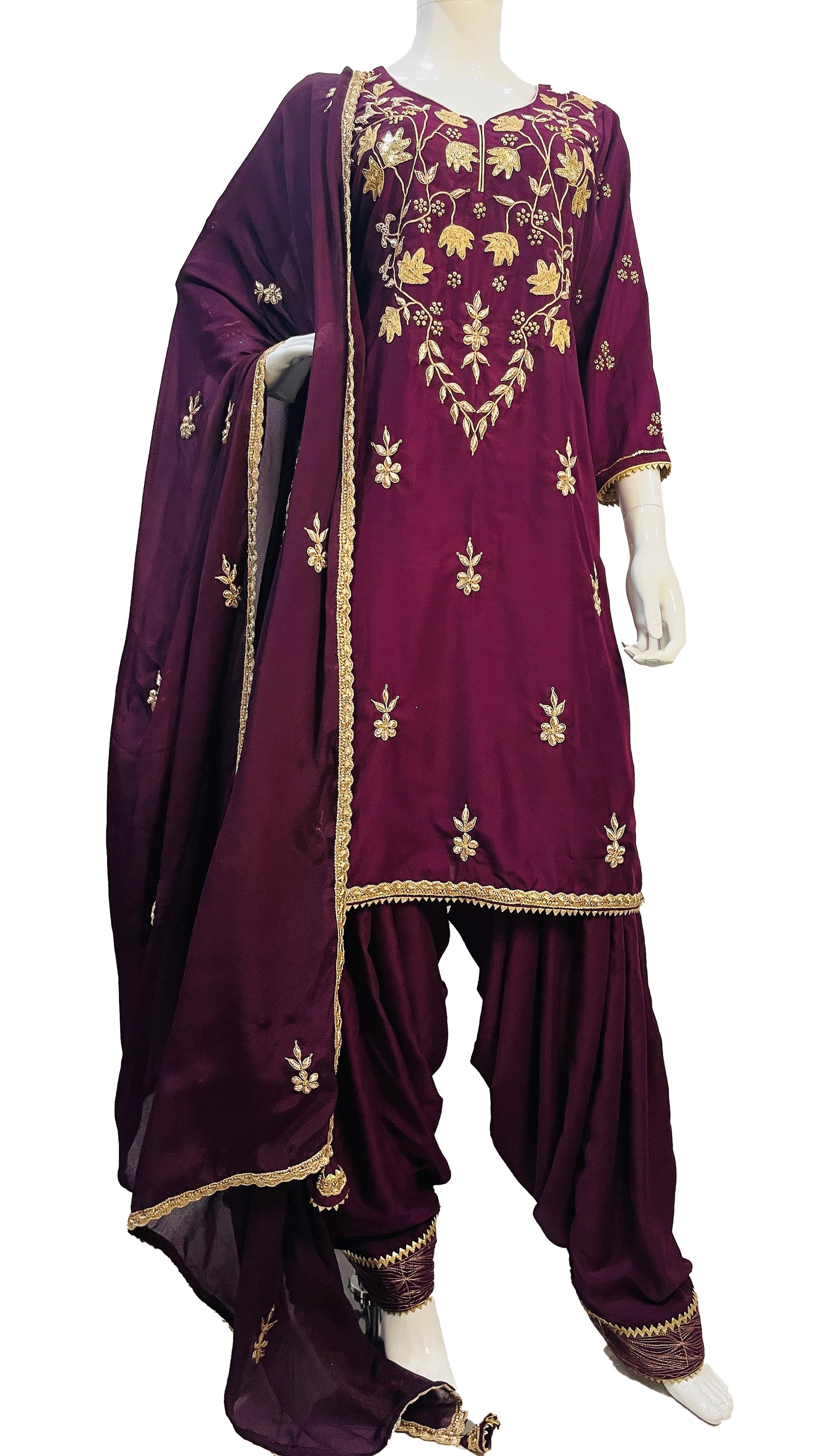 Wine Color Hand embroidered Punjabi Patiala Salwar Suit, Pure Chinon and Muslin Punjabi Suit