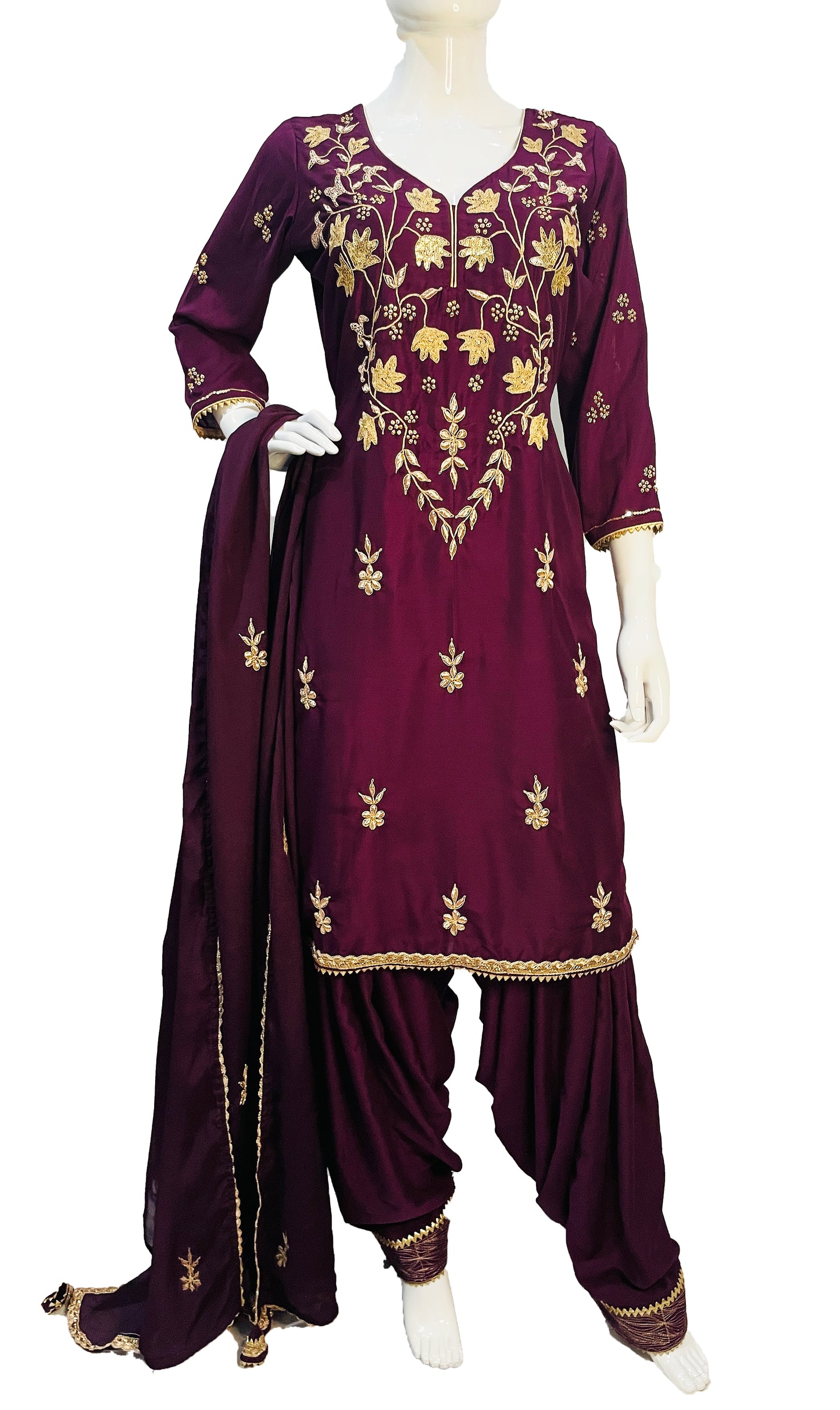 Wine Color Hand embroidered Punjabi Patiala Salwar Suit, Pure Chinon and Muslin Punjabi Suit