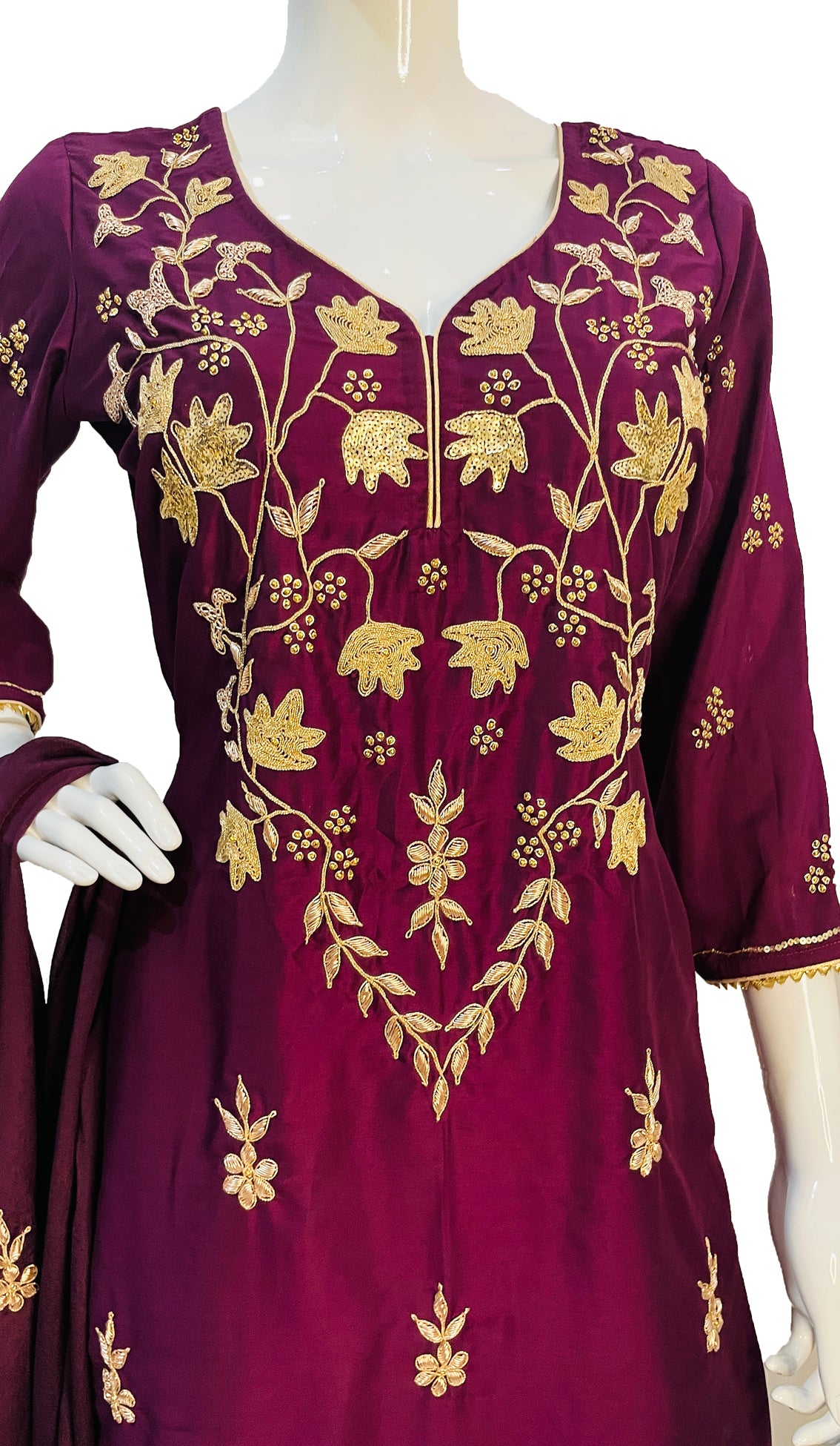 Wine Color Hand embroidered Punjabi Patiala Salwar Suit, Pure Chinon and Muslin Punjabi Suit