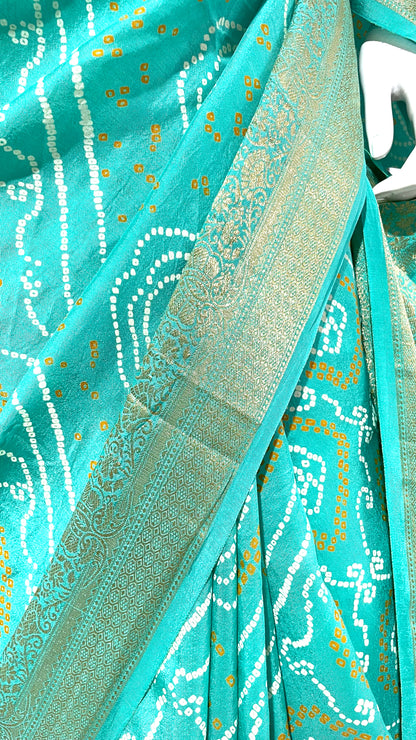 Sea Green Bandhani Sari, Bhandej Silk Saree, Jaipuri print Saree