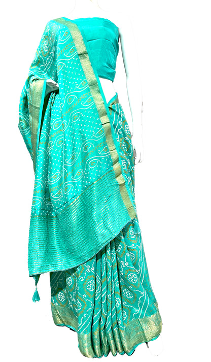 Sea Green Bandhani Sari, Bhandej Silk Saree, Jaipuri print Saree