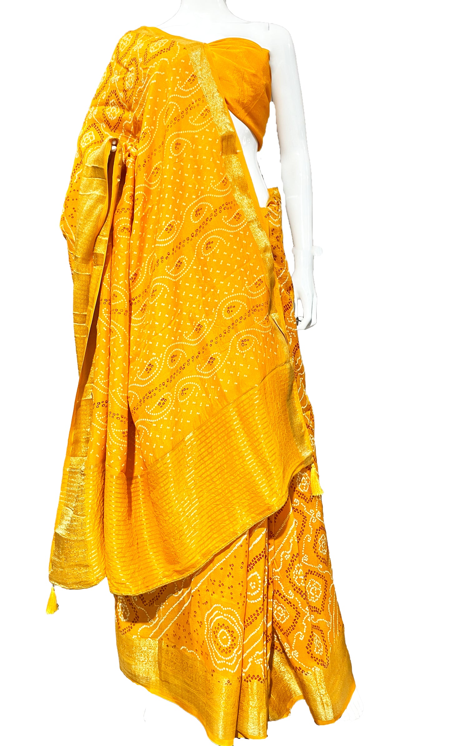Bright Yellow Bandhani Sari, Bhandej Silk Saree, Jaipuri print Saree