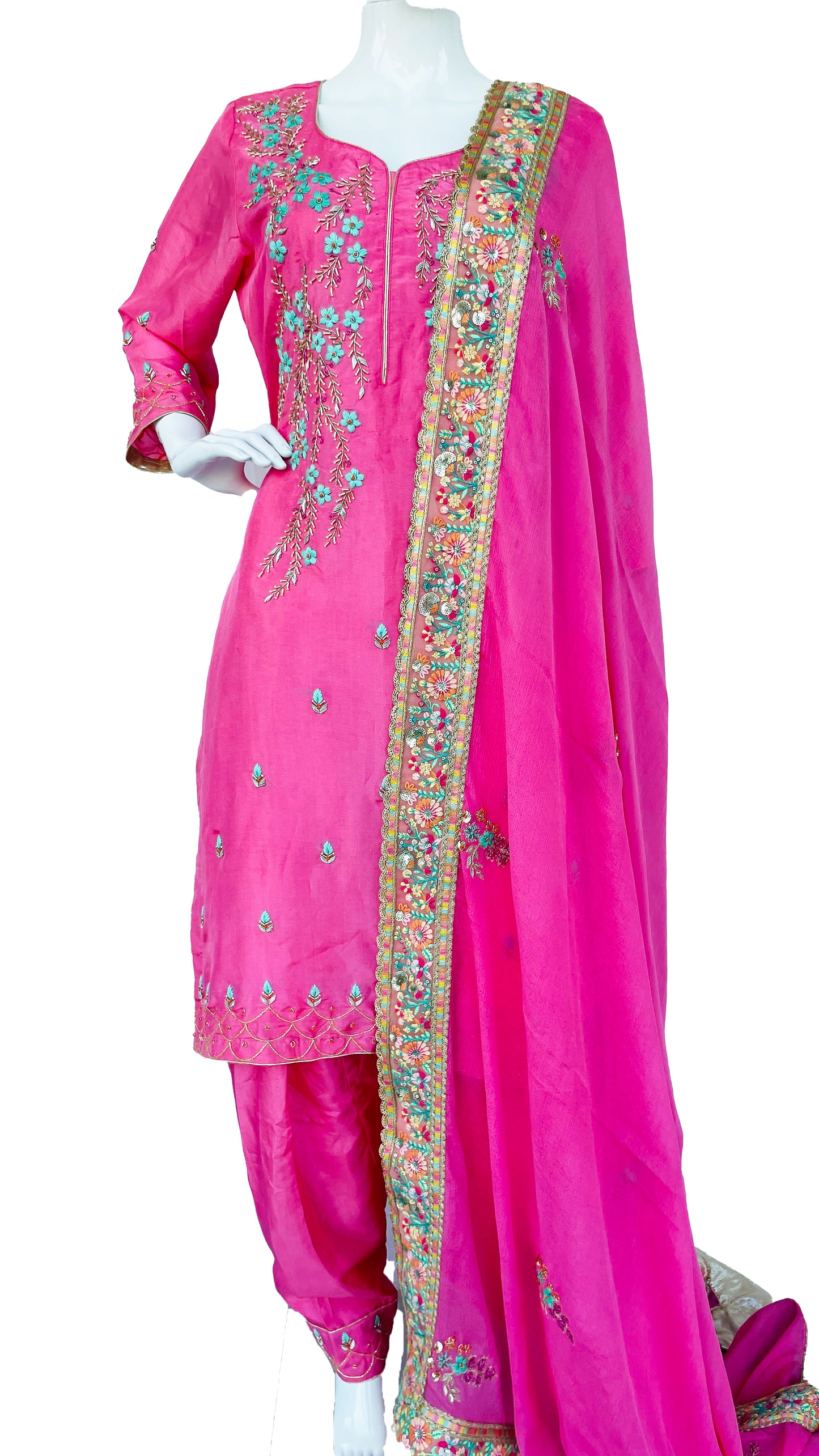 Pink Pure Upada Silk Patiala Salwar Kameez Suit with Chinon Dupatta