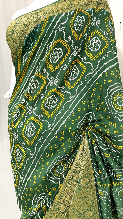 Green Bandhani Sari, Bhandej Silk Saree, Jaipuri print Saree, Teej Saree