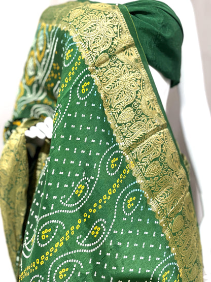 Green Bandhani Sari, Bhandej Silk Saree, Jaipuri print Saree, Teej Saree