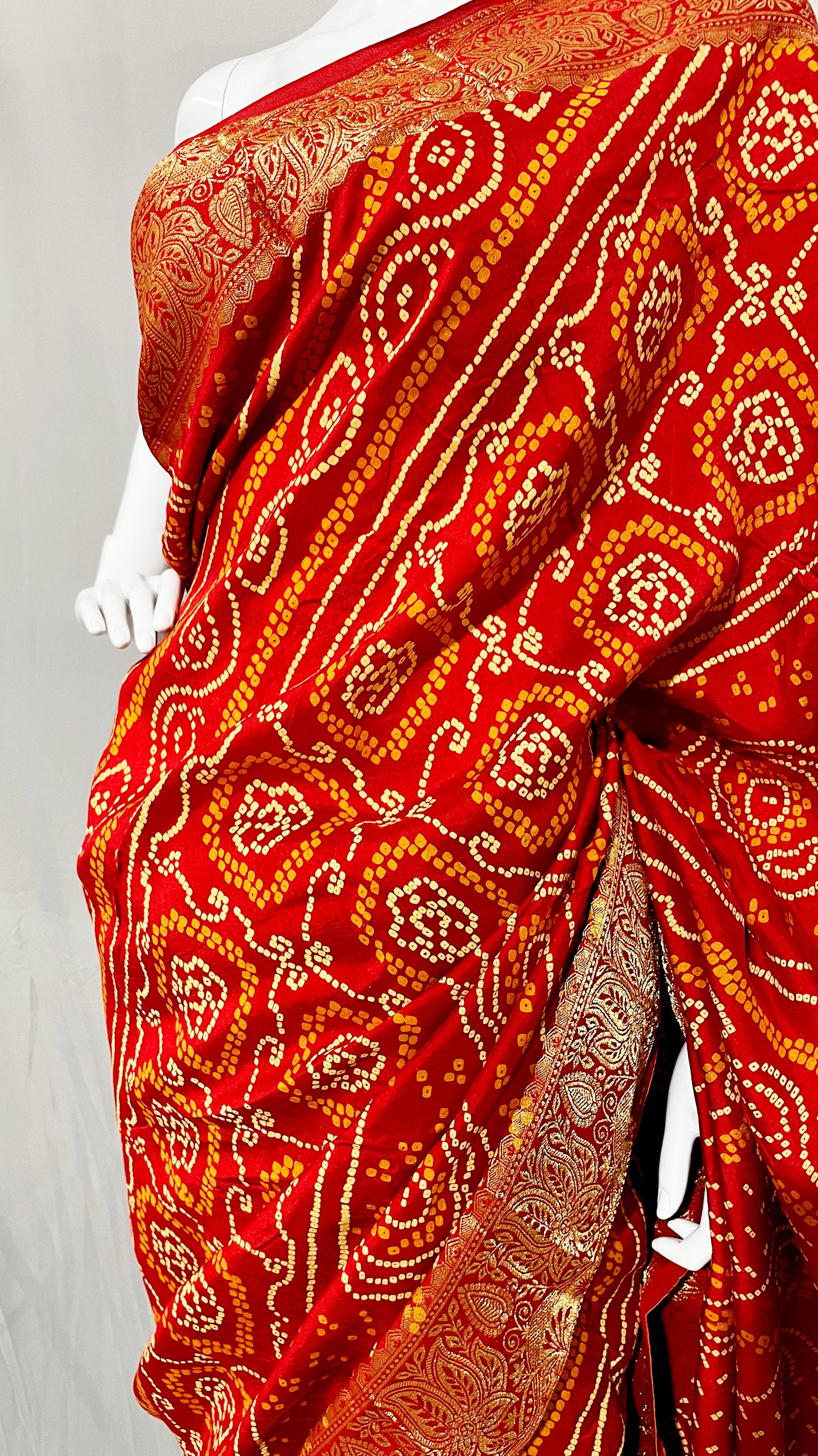 Red Orange Bandhani Sari, Bhandej Silk Saree, Jaipuri print Saree