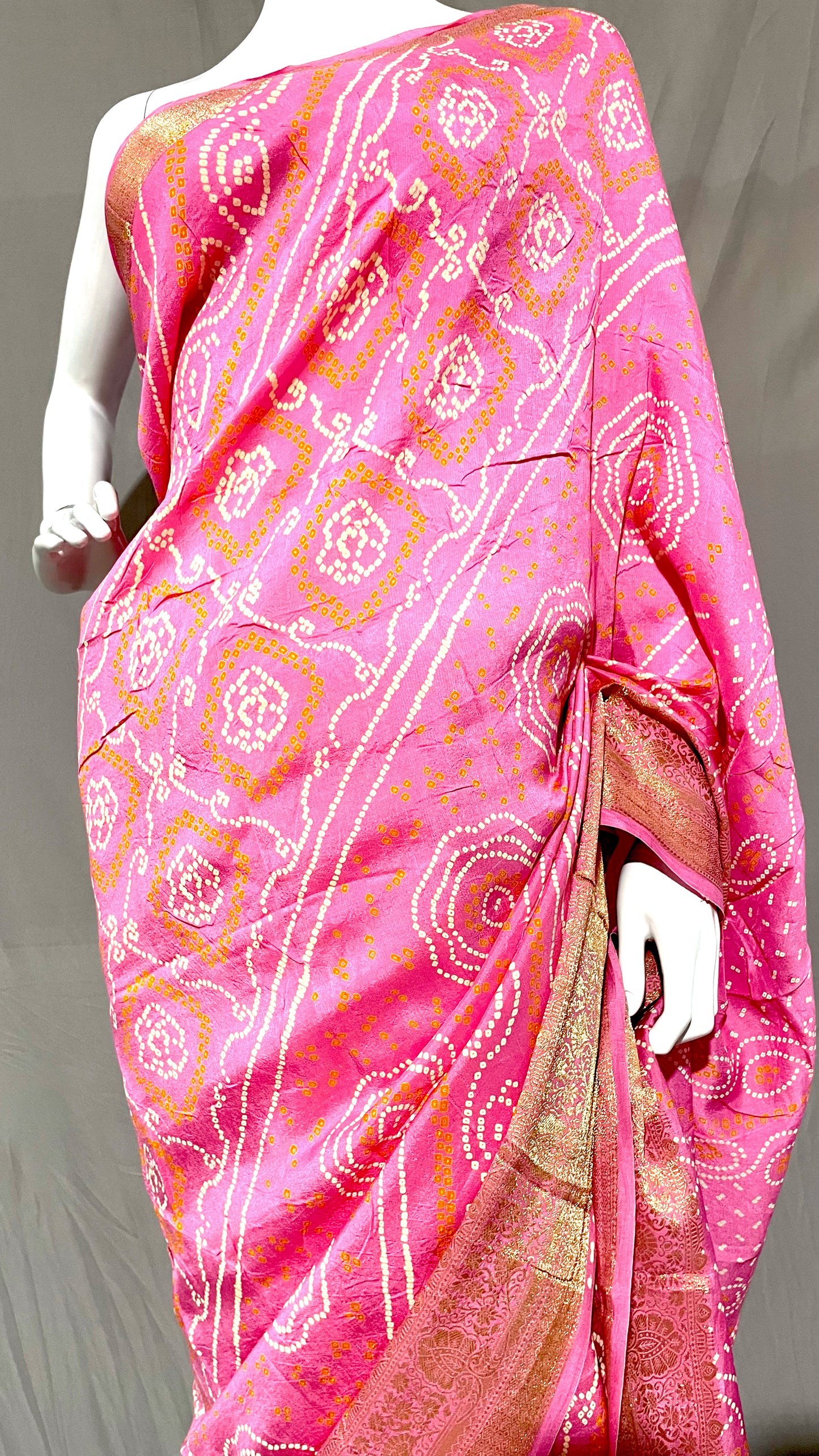 Lavender Pink Bandhani Sari, Bhandej Silk Saree, Jaipuri print Saree