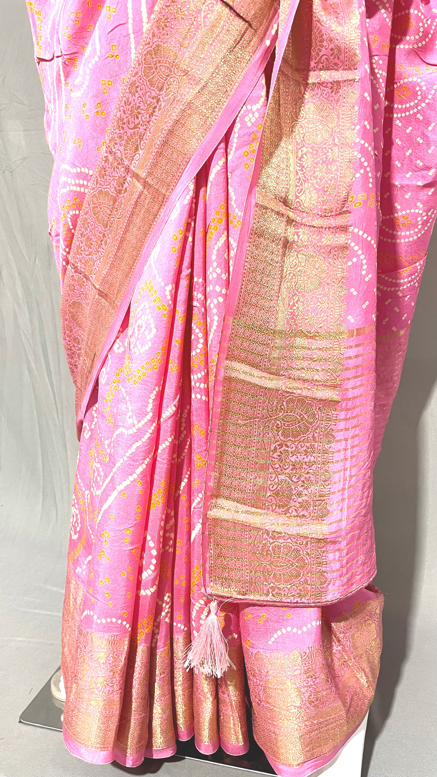 Lavender Pink Bandhani Sari, Bhandej Silk Saree, Jaipuri print Saree