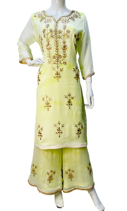 Lime Green Tie n Dye Pure Chinon Fabric with Traditional Gota Patti Hand Work Long Top Palazzo Pants with Dupatta