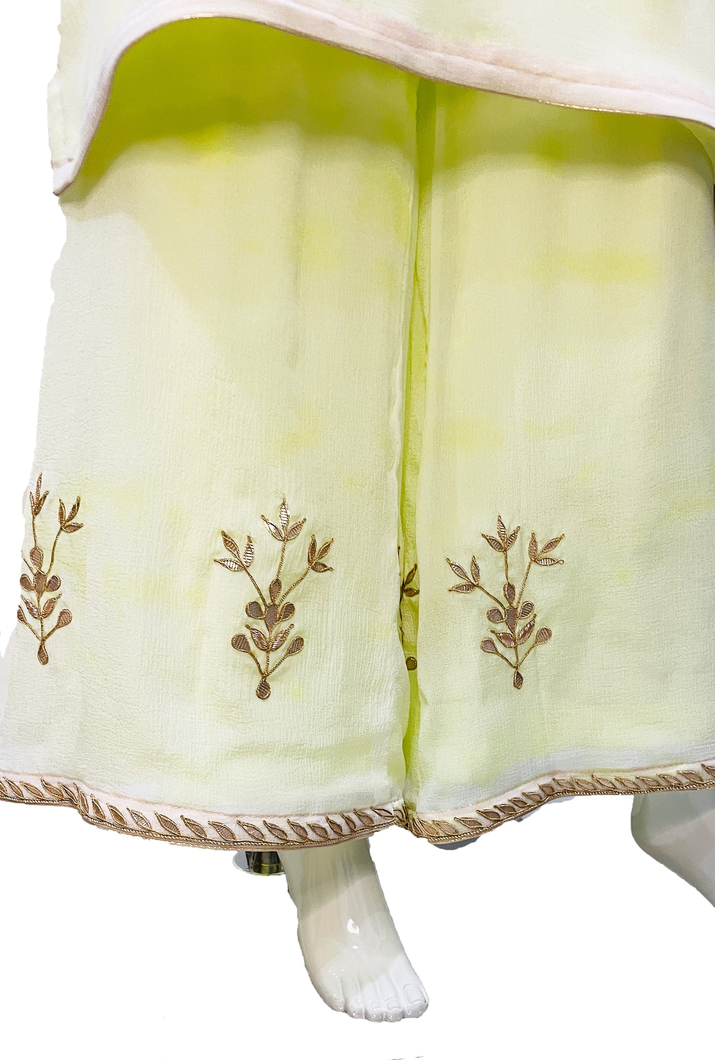 Lime Green Tie n Dye Pure Chinon Fabric with Traditional Gota Patti Hand Work Long Top Palazzo Pants with Dupatta