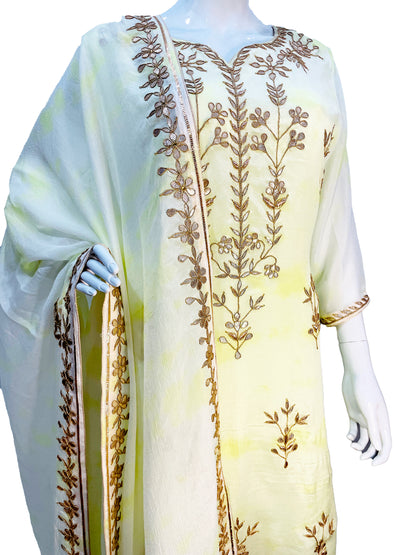 Lime Green Tie n Dye Pure Chinon Fabric with Traditional Gota Patti Hand Work Long Top Palazzo Pants with Dupatta