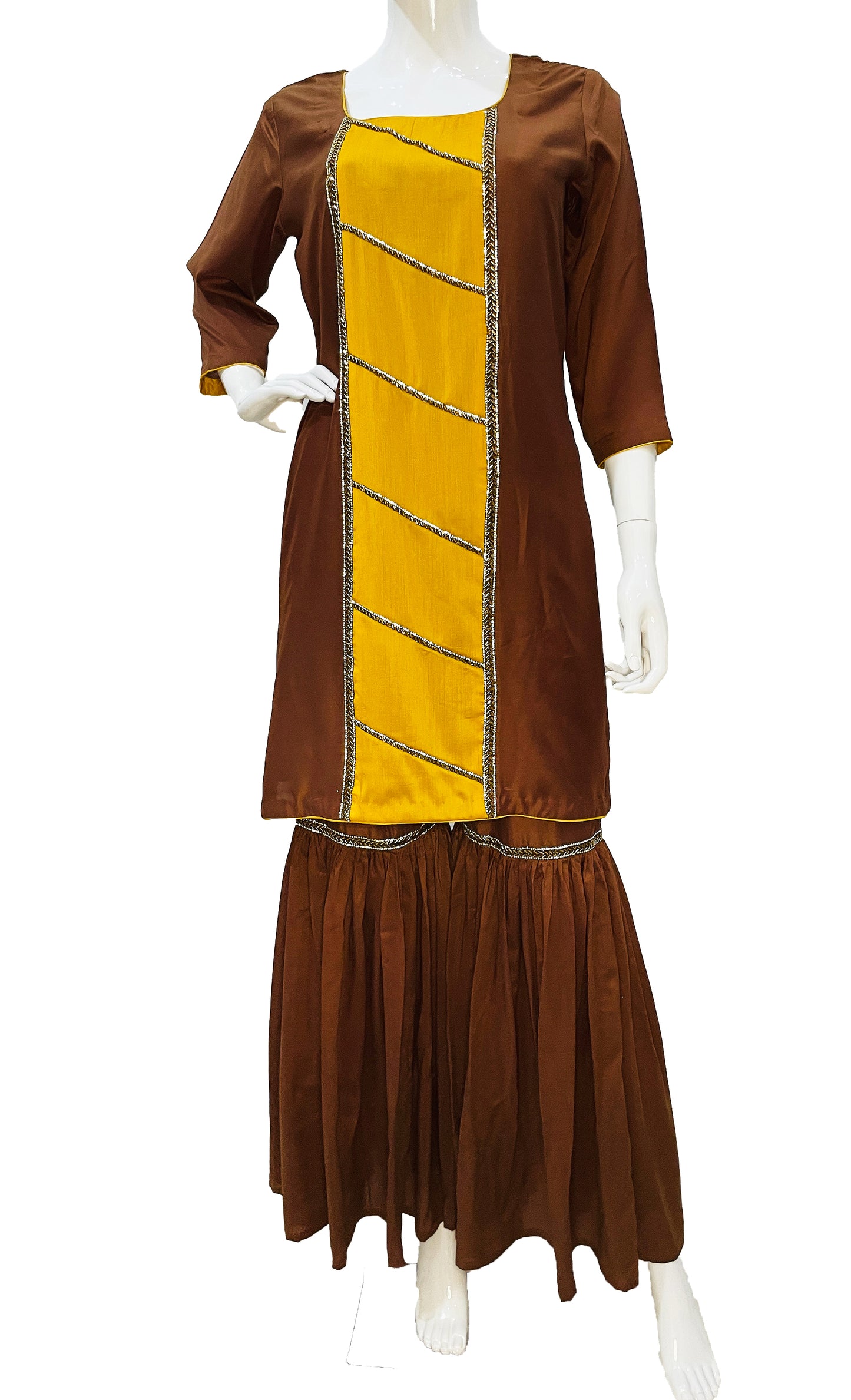 Brown Yellow Gharara Pure Muslin Suit With Tie Dye Dupatta with Border