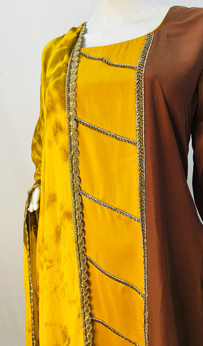 Brown Yellow Gharara Pure Muslin Suit With Tie Dye Dupatta with Border