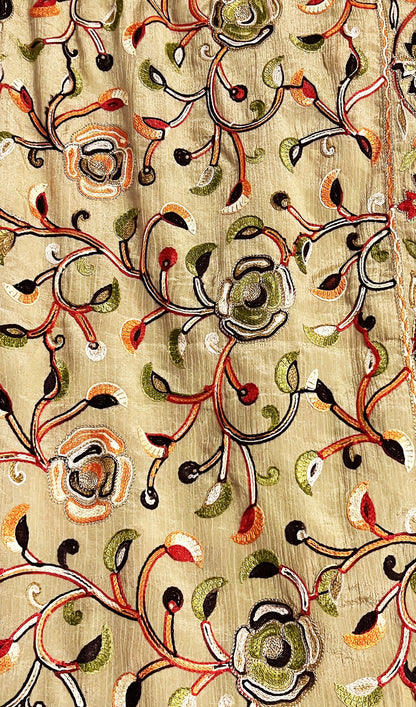 Kashmiri Embroidery Black color multi thread-work dupatta in Pure Chinon