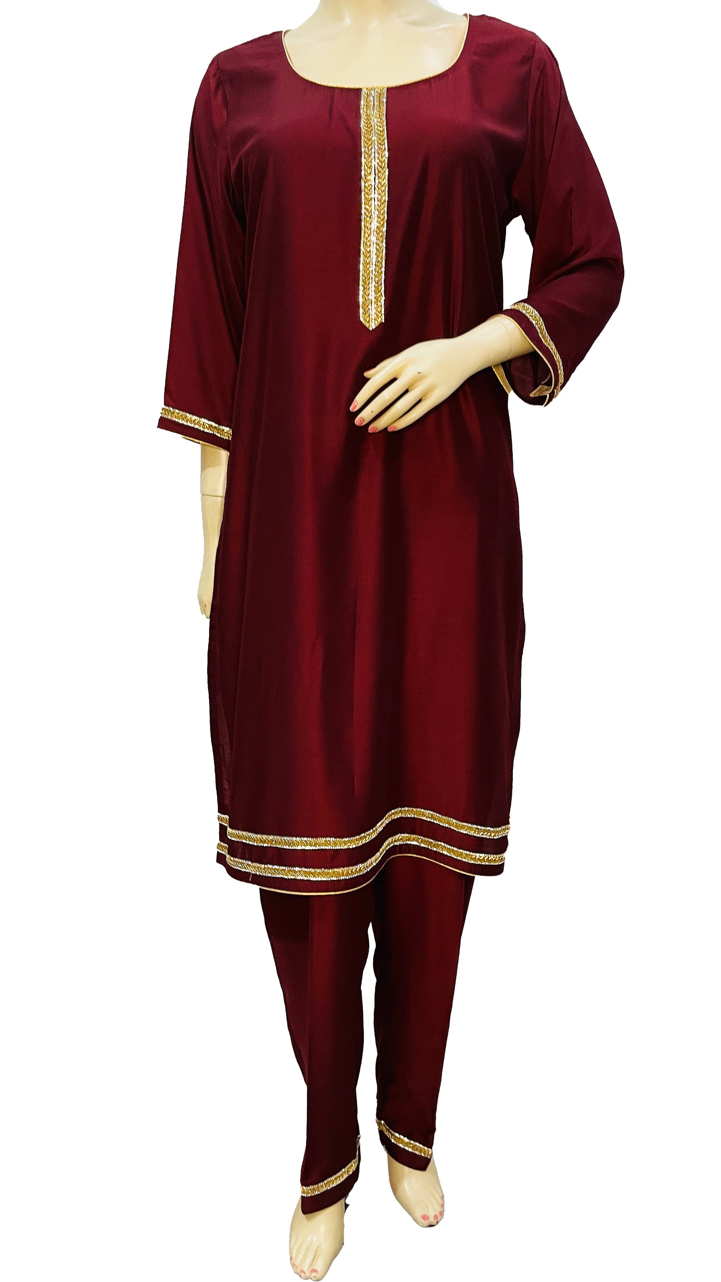 Maroon Golden Pant suit with Kurta Top and Dupatta with border