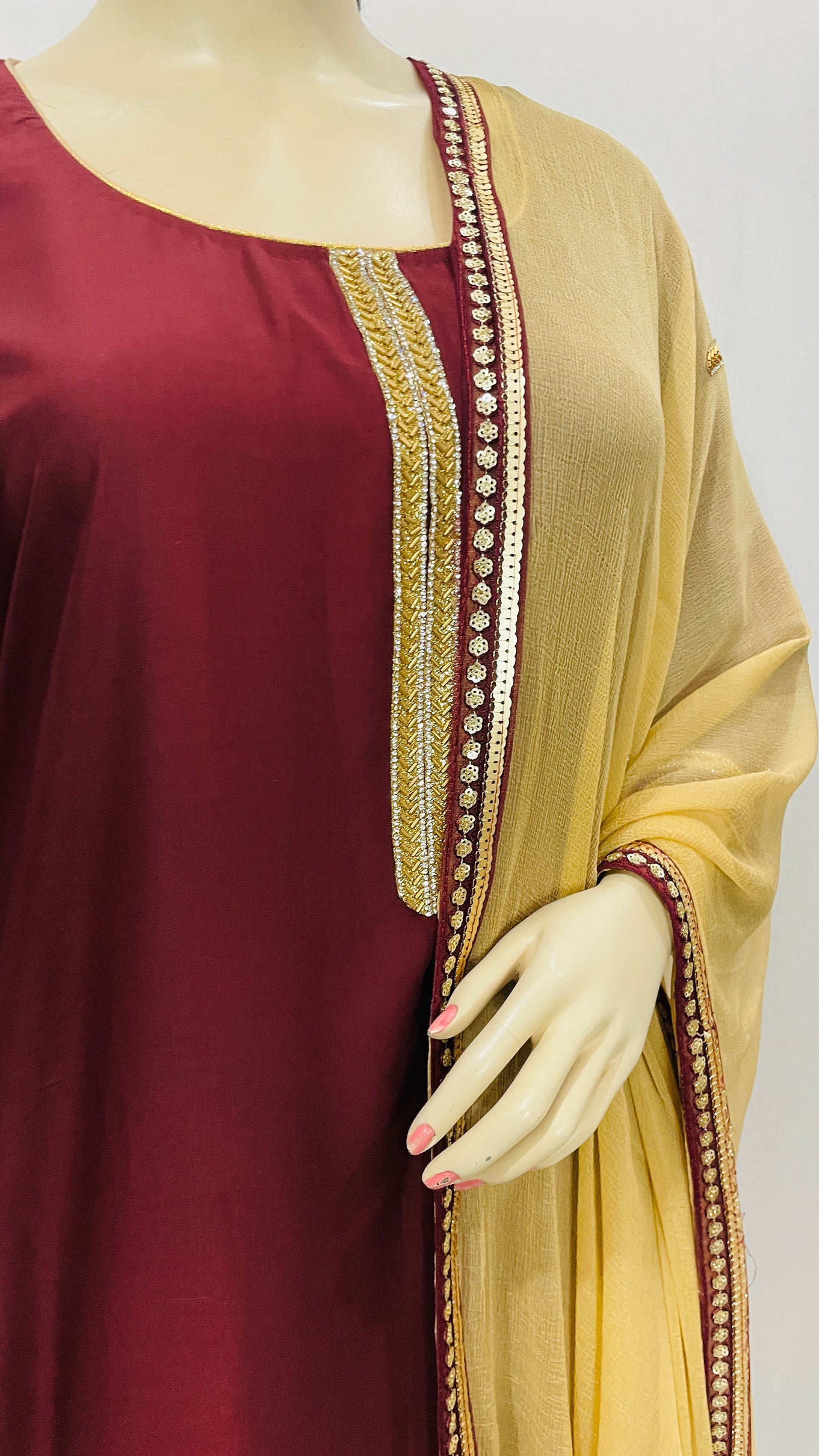 Maroon Golden Pant suit with Kurta Top and Dupatta with border