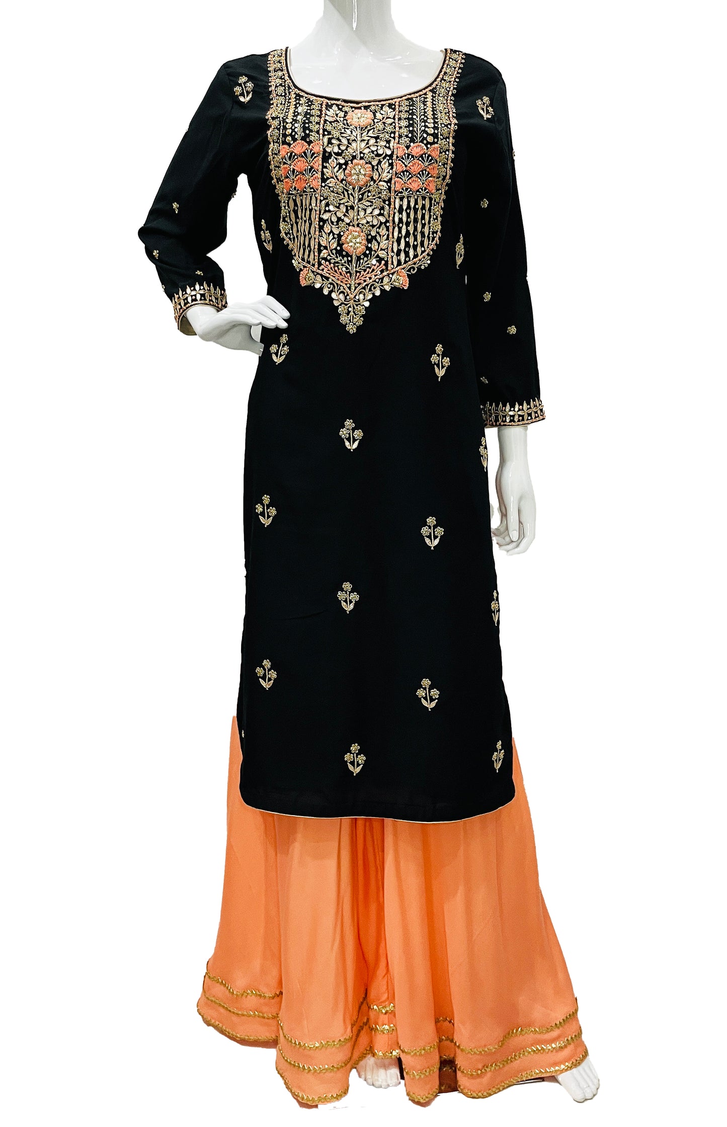 Peach Black Sharara Palazzo Suit with Zardosi Handwork Embroidery