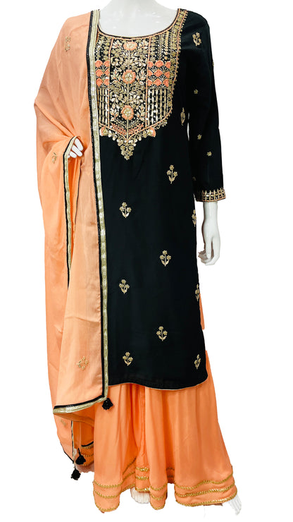 Peach Black Sharara Palazzo Suit with Zardosi Handwork Embroidery