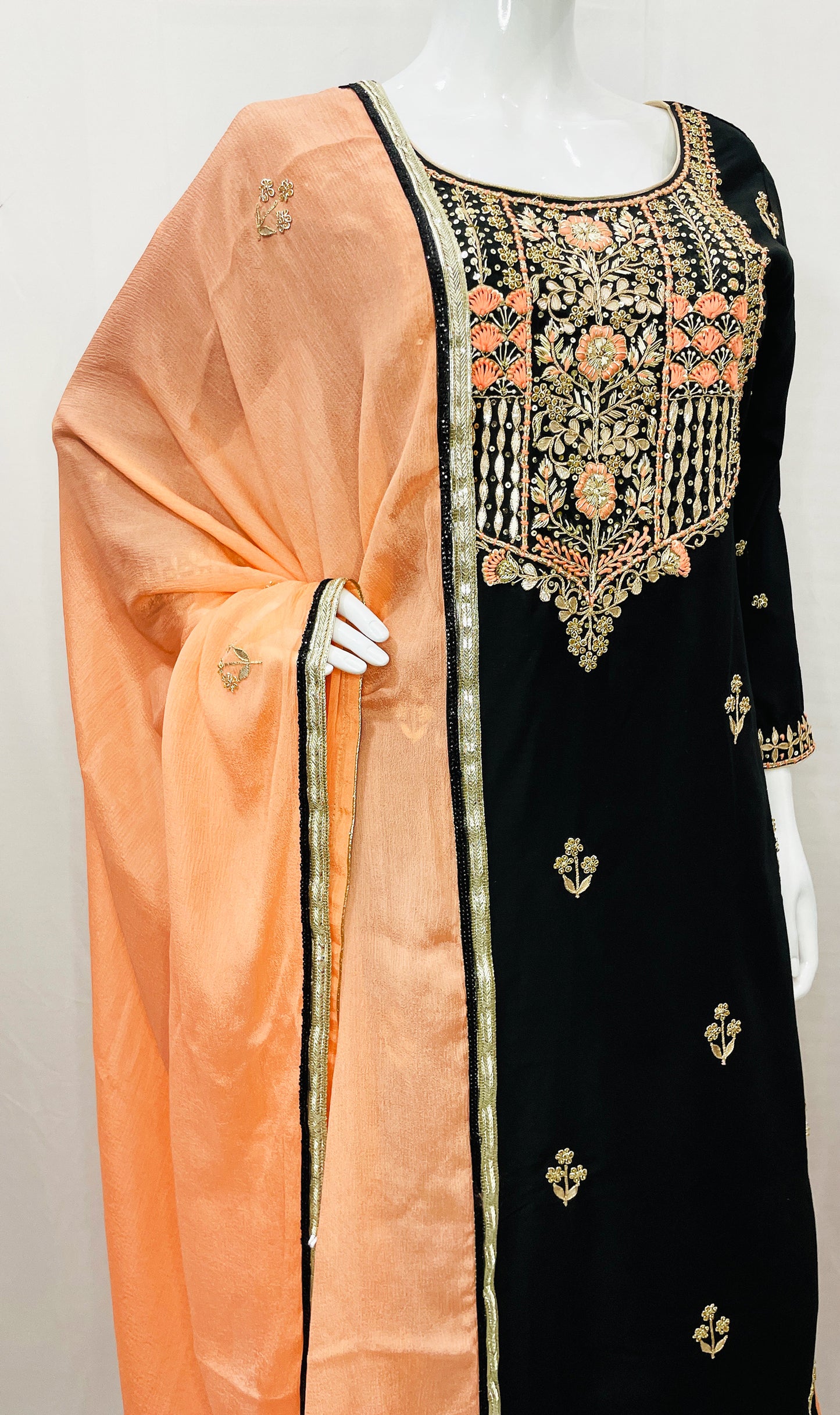 Peach Black Sharara Palazzo Suit with Zardosi Handwork Embroidery