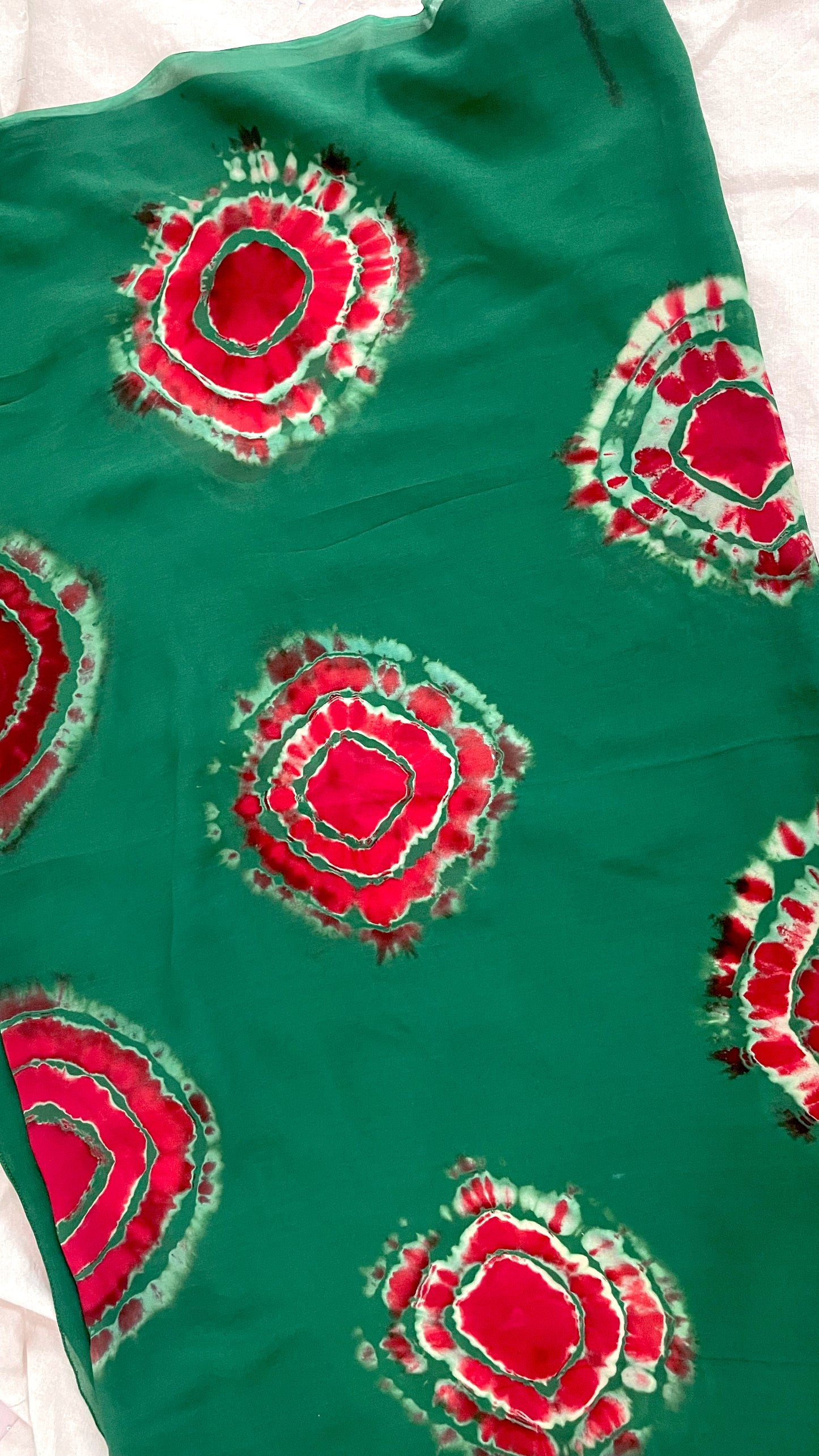 Green and Red Hand Tie Dye on Pure Georgette Fabric,