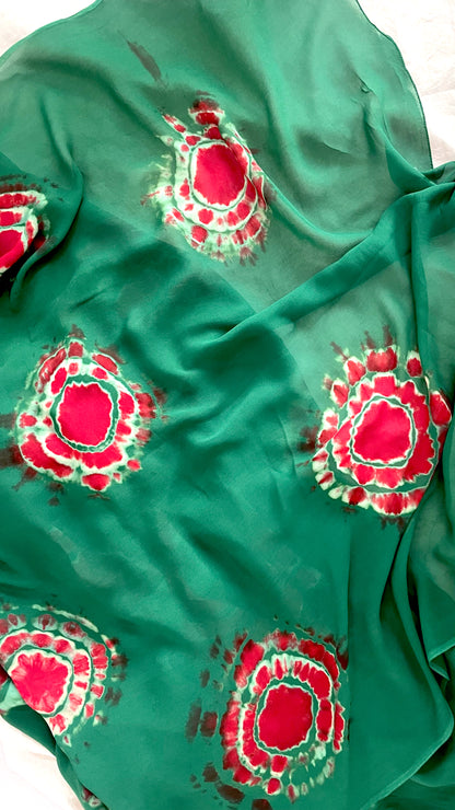 Green and Red Hand Tie Dye on Pure Georgette Fabric,