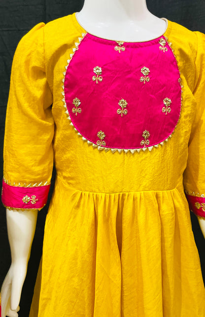 Yellow Pink Rayon Indian Long Dress for Girls