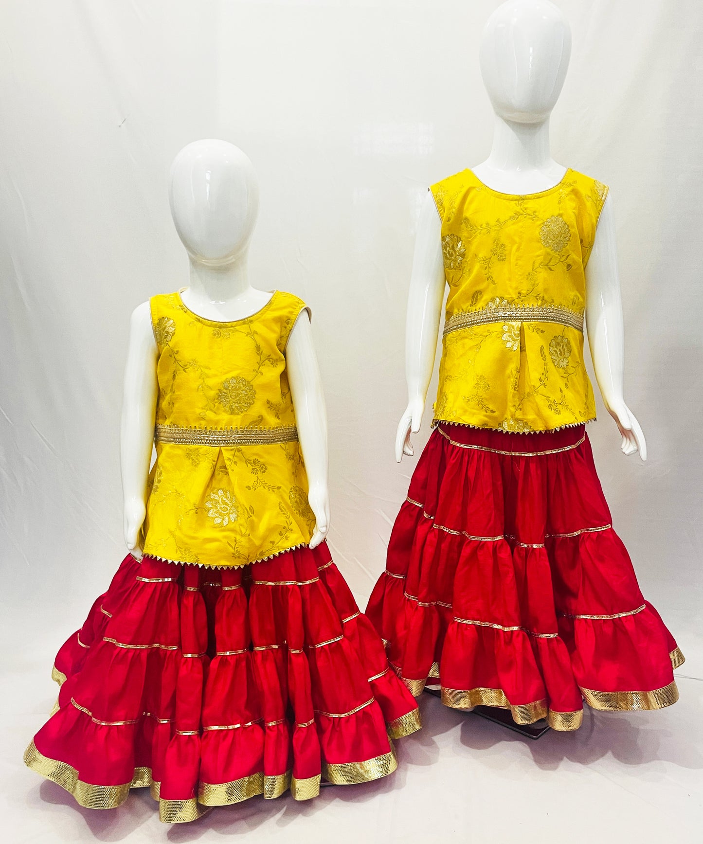 Red Yellow Silk Lehenga Kurti Set with Dupatta, Indian Ethnic kids wear, Diwali kids dress,