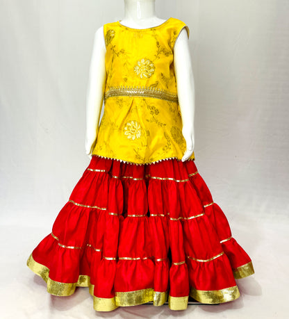 Red Yellow Silk Lehenga Kurti Set with Dupatta, Indian Ethnic kids wear, Diwali kids dress,