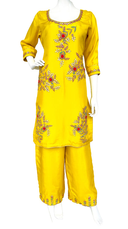Lemon Yellow Pure Upada Silk Palazzo Suit with beautiful Handwork Embroidery