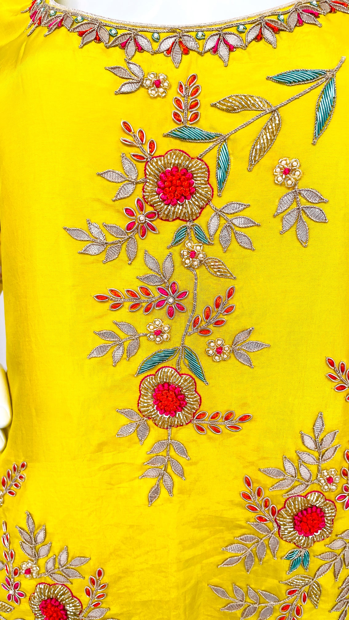 Lemon Yellow Pure Upada Silk Palazzo Suit with beautiful Handwork Embroidery