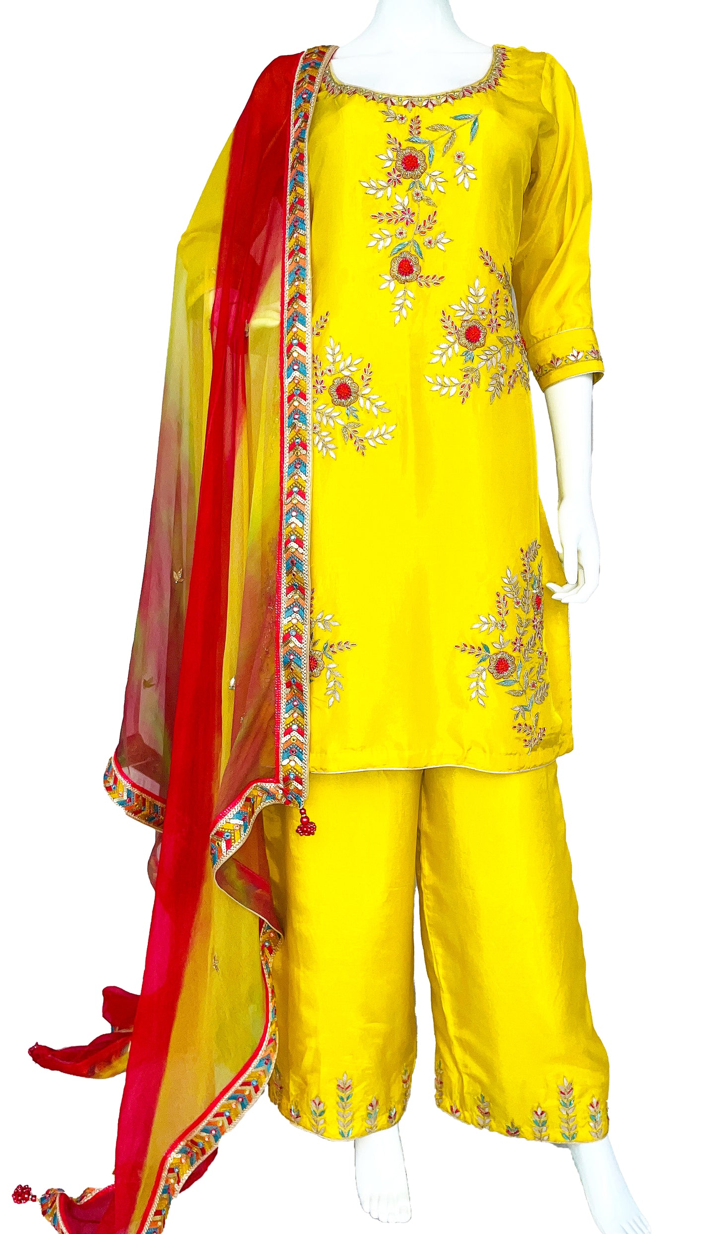 Lemon Yellow Pure Upada Silk Palazzo Suit with beautiful Handwork Embroidery