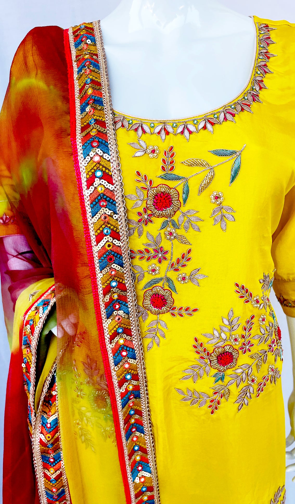 Lemon Yellow Pure Upada Silk Palazzo Suit with beautiful Handwork Embroidery